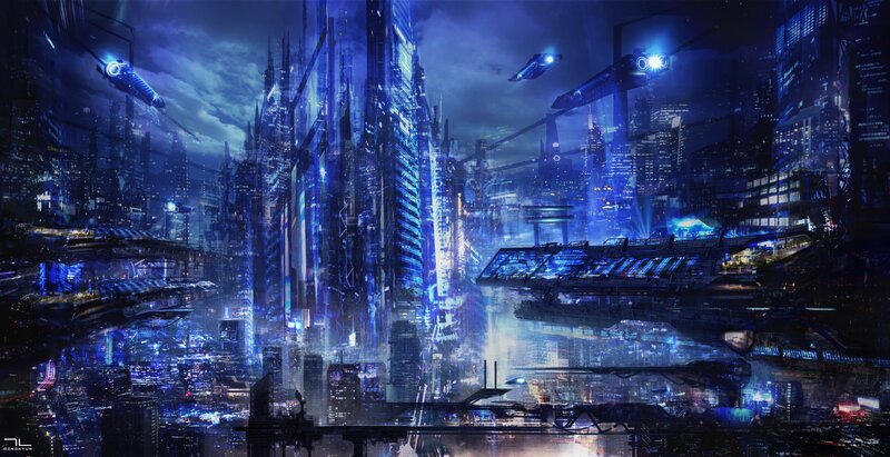 Futuristic Cityscape — Blue, Dramatic, Night, Digital Art, Skyscrapers, Flying Vehicles