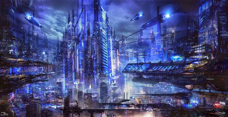 Futuristic Cityscape — Blue, Dramatic, Night, Digital Art, Skyscrapers, Flying Vehicles, Water
