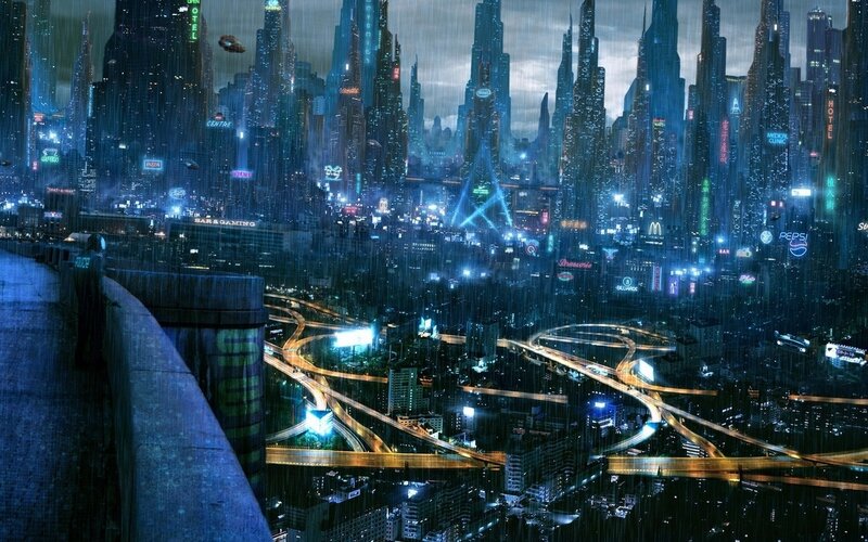 Futuristic Cityscape — Blue, Dramatic, Night, Digital Art, Skyscrapers, Highways, Rain