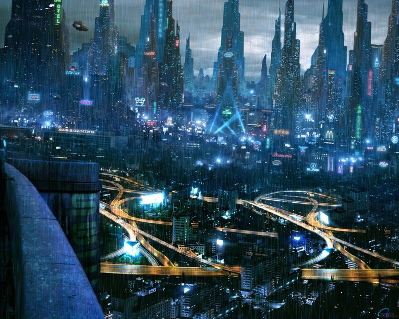 Futuristic Cityscape — Blue, Dramatic, Night, Digital Art, Skyscrapers, Highways