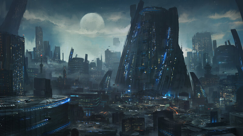 Futuristic Cityscape — Blue, Dramatic, Night, Digital Art, Skyscrapers, Moon, Clouds