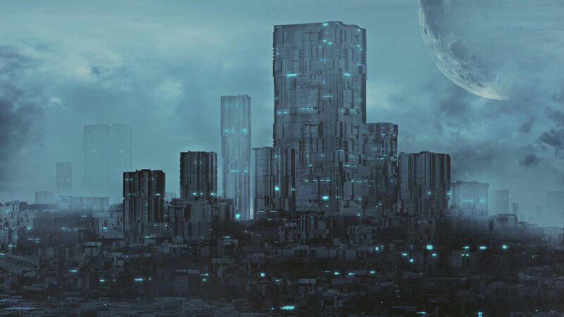 Futuristic Cityscape — Blue, Dramatic, Night, Digital Art, Skyscrapers, Moon