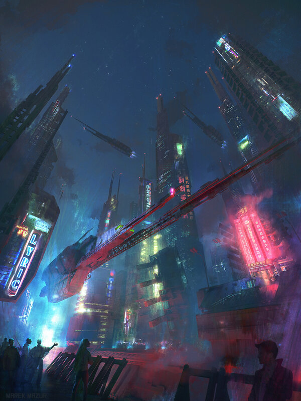 Futuristic Cityscape — Blue, Dramatic, Night, Digital Art, Skyscrapers, Neon Signs, People