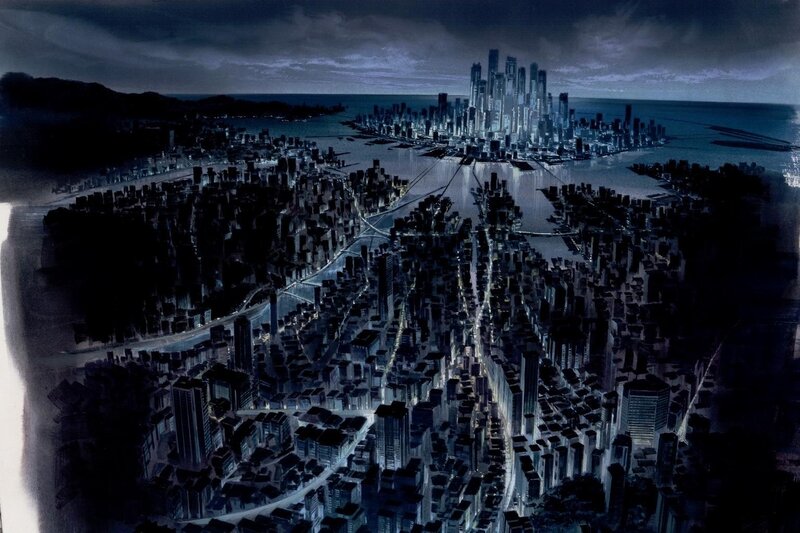 Futuristic Cityscape — Blue, Dramatic, Night, Digital Art, Skyscrapers, Ocean
