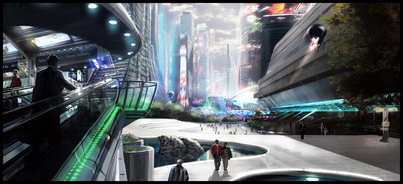 Futuristic Cityscape — Blue, Dramatic, Night, Digital Art, Skyscrapers, People, Escalator