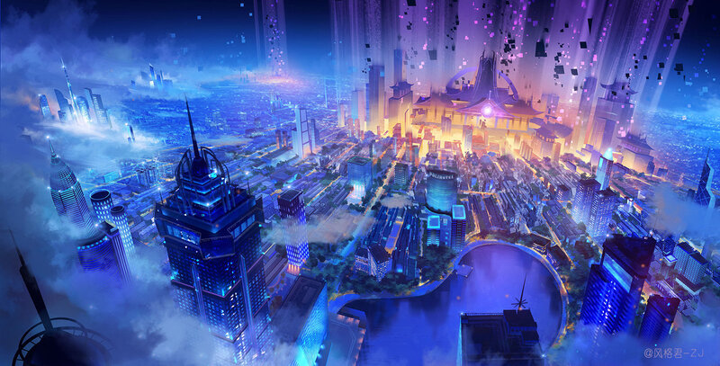 Futuristic Cityscape — Blue, Dramatic, Night, Digital Art, Skyscrapers, River, Clouds, Digital Particles