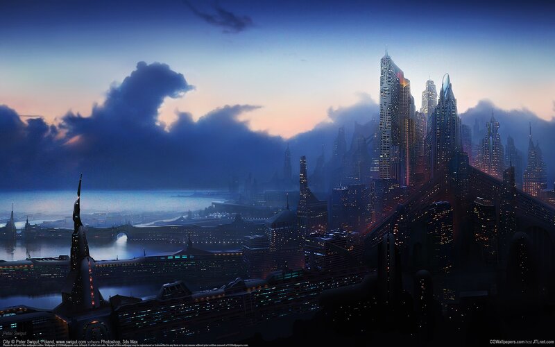 Futuristic Cityscape — Blue, Dramatic, Night, Digital Art, Skyscrapers, River, Clouds