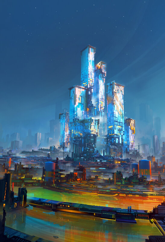 Futuristic Cityscape — Blue, Dramatic, Night, Digital Art, Skyscrapers, River, Stars
