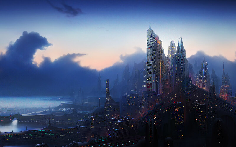 Futuristic Cityscape — Blue, Dramatic, Night, Digital Art, Skyscrapers, River