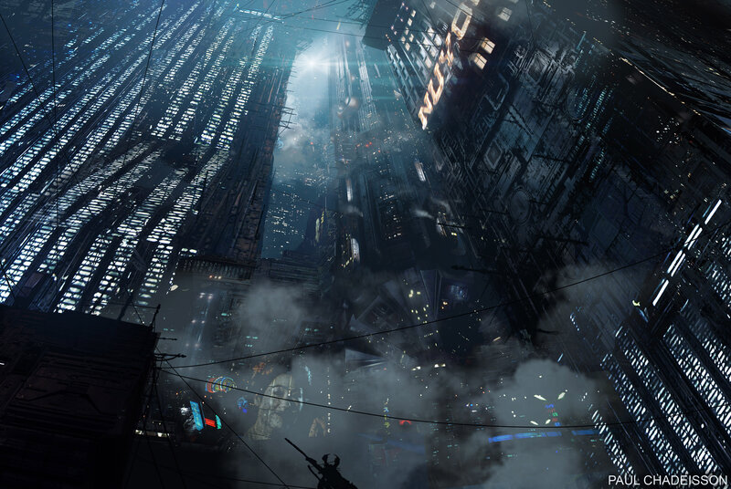Futuristic Cityscape — Blue, Dramatic, Night, Digital Art, Skyscrapers, Smoke