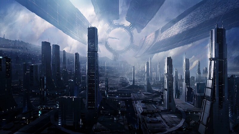 Futuristic Cityscape — Blue, Dramatic, Night, Digital Art, Skyscrapers, Space Station
