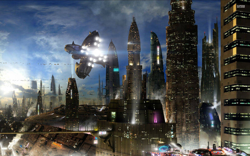 Futuristic Cityscape — Blue, Dramatic, Night, Digital Art, Skyscrapers, Spaceship, Smoke