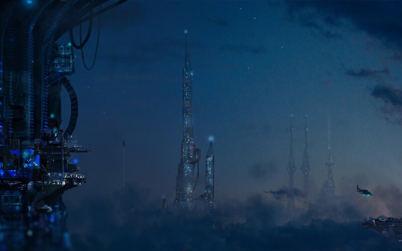Futuristic Cityscape — Blue, Dramatic, Night, Digital Art, Skyscrapers, Spaceship