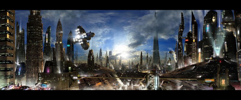 Futuristic Cityscape — Blue, Dramatic, Night, Digital Art, Skyscrapers, Spaceships, Clouds