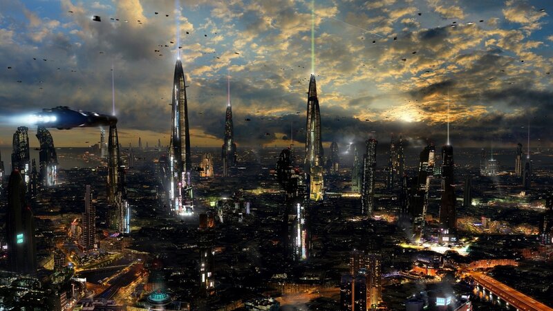 Futuristic Cityscape — Blue, Dramatic, Night, Digital Art, Skyscrapers, Spaceships, Lasers
