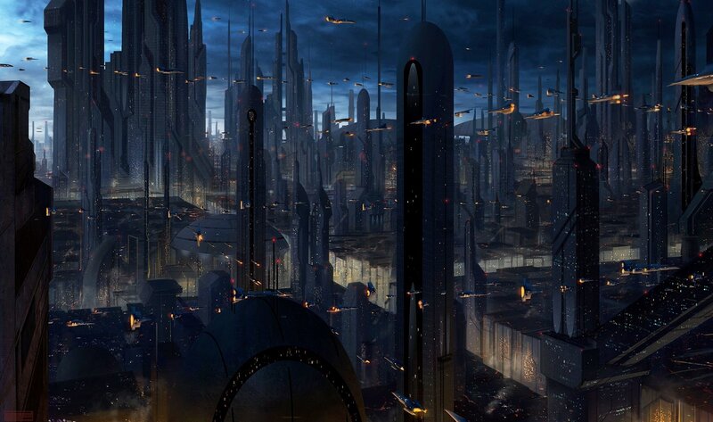 Futuristic Cityscape — Blue, Dramatic, Night, Digital Art, Skyscrapers, Spaceships, Night Sky