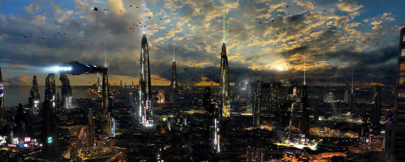 Futuristic Cityscape — Blue, Dramatic, Night, Digital Art, Skyscrapers, Spaceships