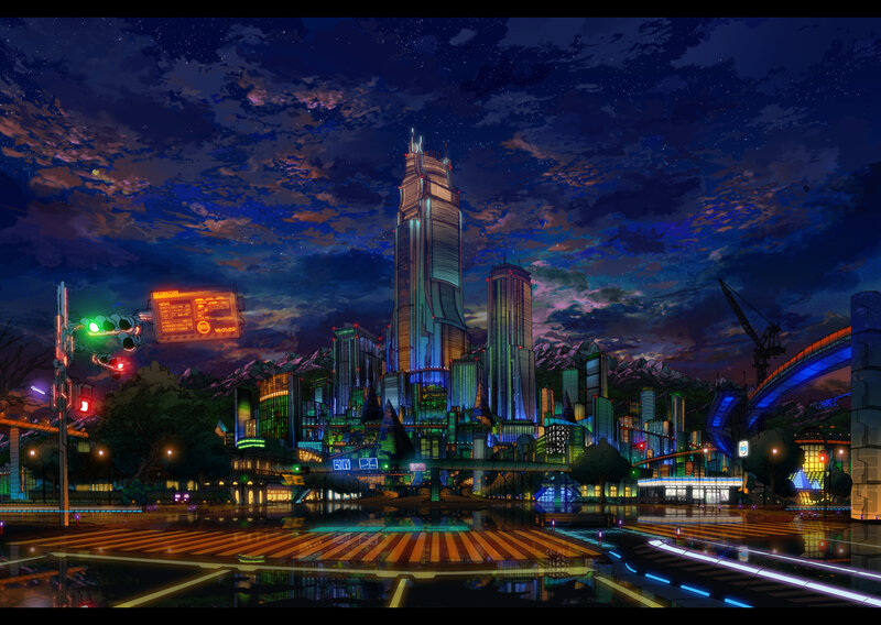 Futuristic Cityscape — Blue, Dramatic, Night, Digital Art, Skyscrapers, Traffic Lights
