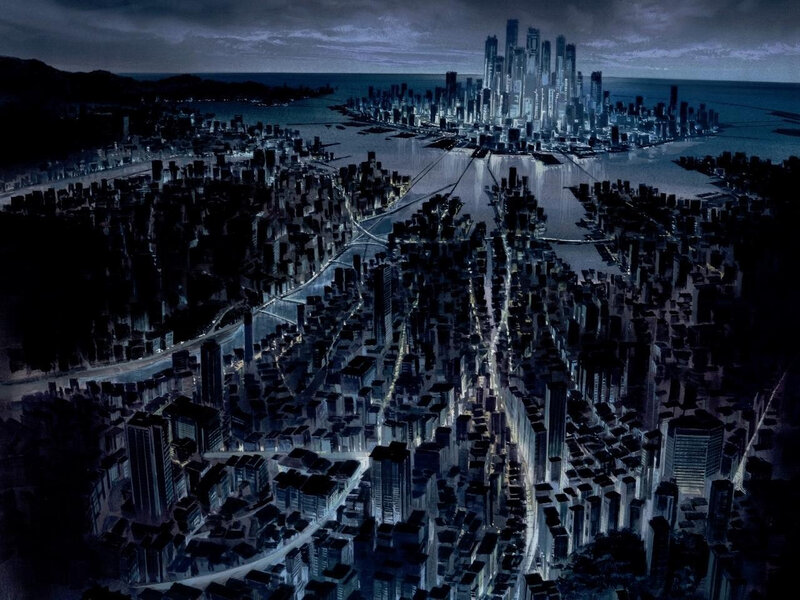 Futuristic Cityscape — Blue, Dramatic, Night, Digital Art, Skyscrapers, Water, Bridges, Black