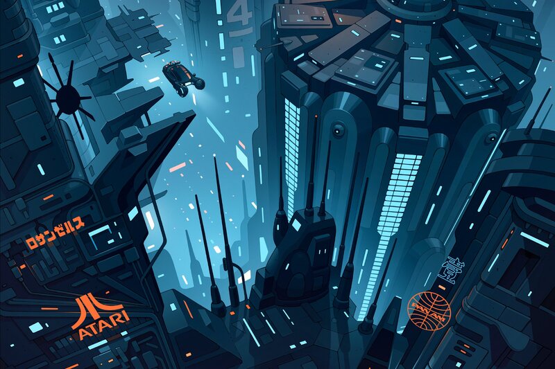 Futuristic Cityscape — Blue, Dramatic, Night, Digital Art, Spaceship, Buildings, Antenna