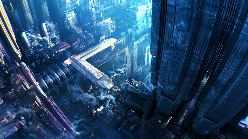 Futuristic Cityscape — Blue, Dramatic, Night, Digital Art, Spaceship, Buildings