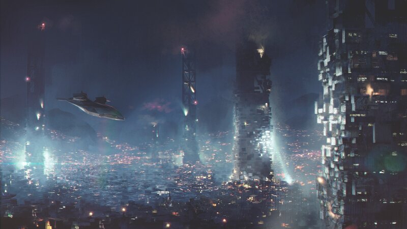 Futuristic Cityscape — Blue, Dramatic, Night, Digital Art, Spaceship, Skyscrapers