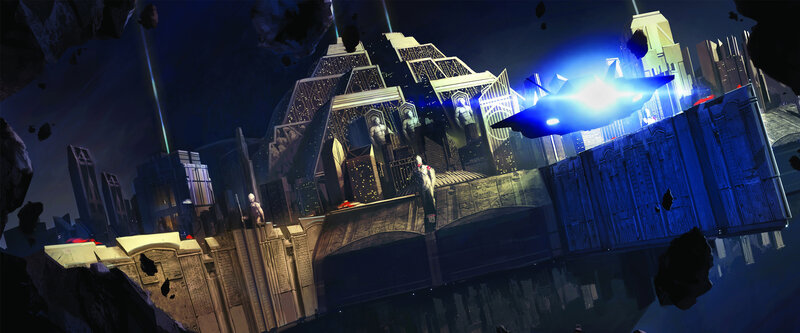 Futuristic Cityscape — Blue, Dramatic, Night, Digital Art, Spaceship, Statues