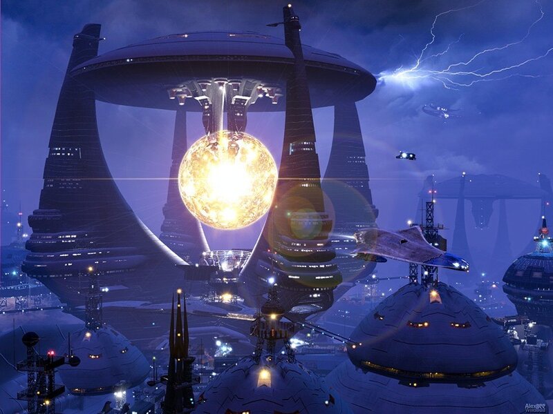 Futuristic Cityscape — Blue, Dramatic, Night, Digital Art, Spaceship