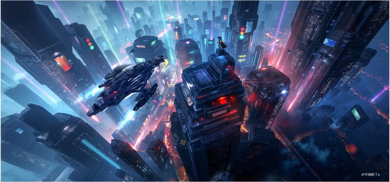 Futuristic Cityscape — Blue, Dramatic, Night, Digital Art, Spaceship, Tower