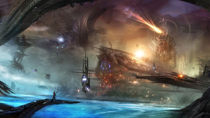 Futuristic Cityscape — Blue, Dramatic, Night, Digital Art, Spaceships, City