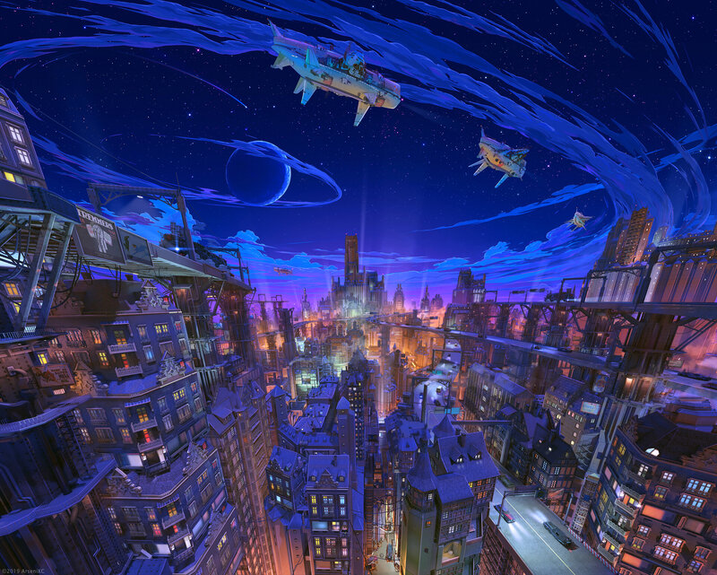 Futuristic Cityscape — Blue, Dramatic, Night, Digital Art, Spaceships, Planet
