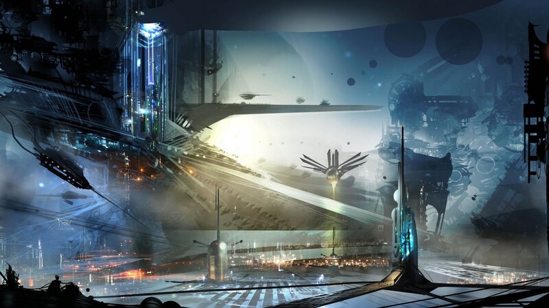 Futuristic Cityscape — Blue, Dramatic, Night, Digital Art, Spaceships, Skyscrapers