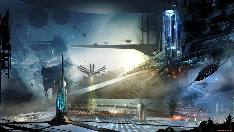 Futuristic Cityscape — Blue, Dramatic, Night, Digital Art, Spaceships, Space Station