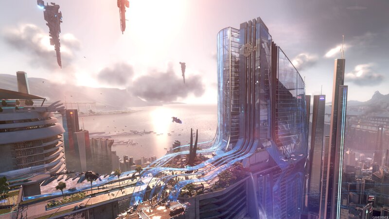 Futuristic Cityscape — Blue, Dramatic, Sunset, 3d Render, Skyscrapers, Aircraft