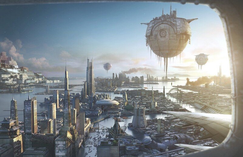 Futuristic Cityscape — Blue, Dramatic, Sunset, Digital Art, Airships