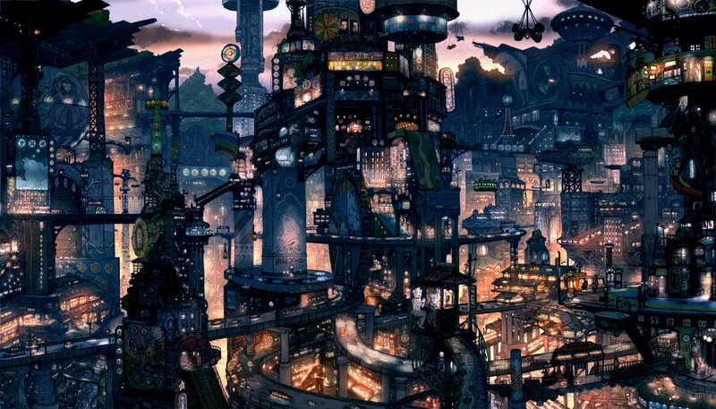 Futuristic Cityscape — Blue, Dramatic, Sunset, Digital Art, Buildings, Bridges