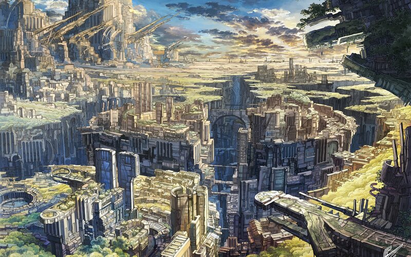 Futuristic Cityscape — Blue, Dramatic, Sunset, Digital Art, Buildings, Canyon