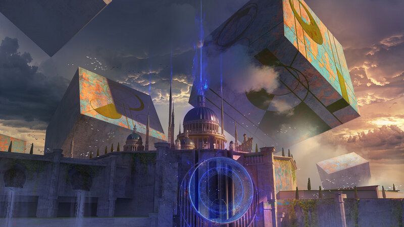 Futuristic Cityscape — Blue, Dramatic, Sunset, Digital Art, Floating Cubes