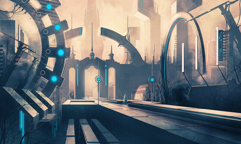 Futuristic Cityscape — Blue, Dramatic, Sunset, Digital Art, Gears