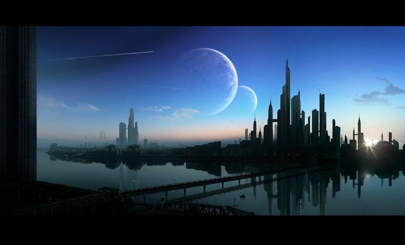 Futuristic Cityscape — Blue, Dramatic, Sunset, Digital Art, Planet