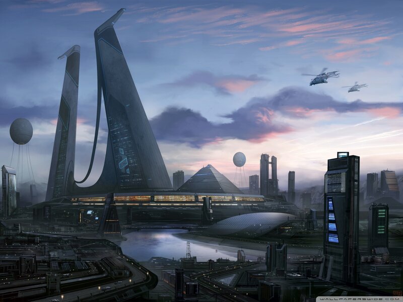 Futuristic Cityscape — Blue, Dramatic, Sunset, Digital Art, Skyscrapers, Aircraft