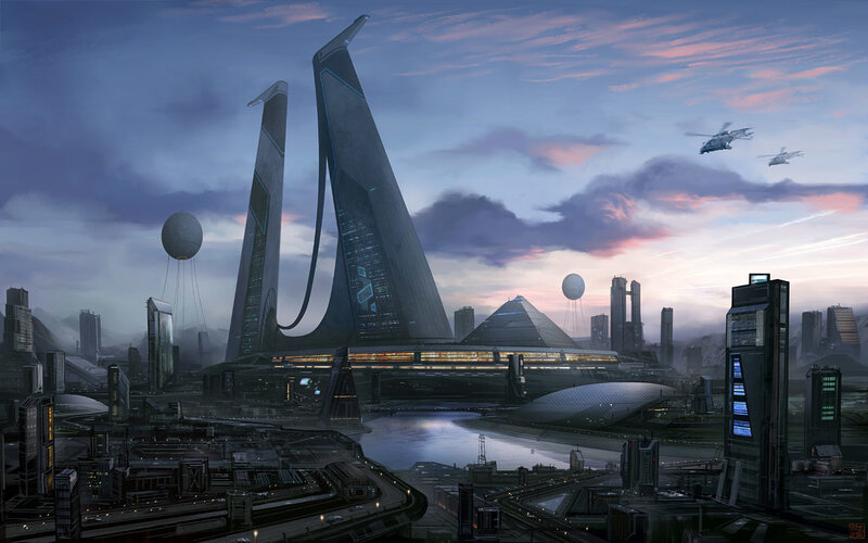 Futuristic Cityscape — Blue, Dramatic, Sunset, Digital Art, Skyscrapers, Airships