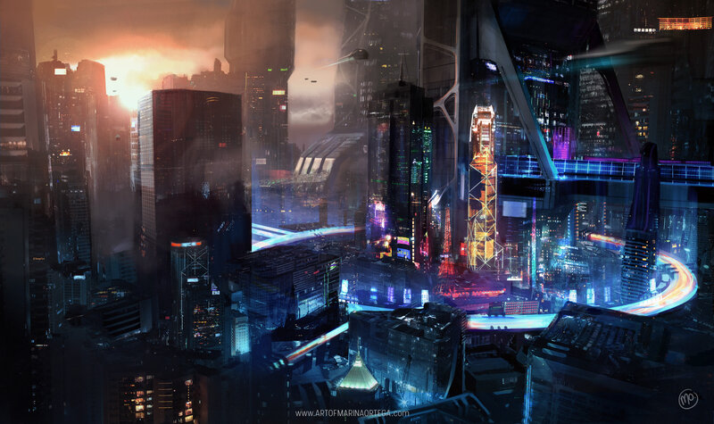 Futuristic Cityscape — Blue, Dramatic, Sunset, Digital Art, Skyscrapers, Neon Lights, Flying Vehicles