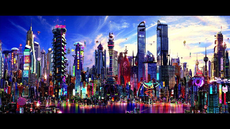 Futuristic Cityscape — Blue, Dramatic, Sunset, Digital Art, Skyscrapers, Neon Lights