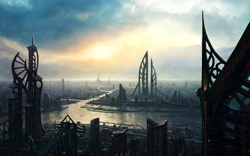 Futuristic Cityscape — Blue, Dramatic, Sunset, Digital Art, Skyscrapers, River, Sun