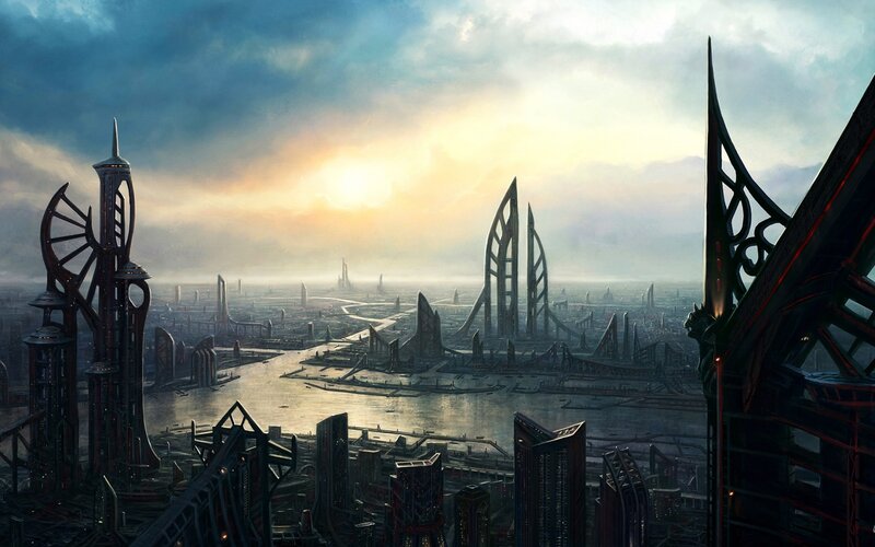 Futuristic Cityscape — Blue, Dramatic, Sunset, Digital Art, Skyscrapers, River