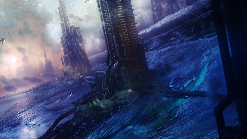 Futuristic Cityscape — Blue, Dramatic, Sunset, Digital Art, Skyscrapers, Ships