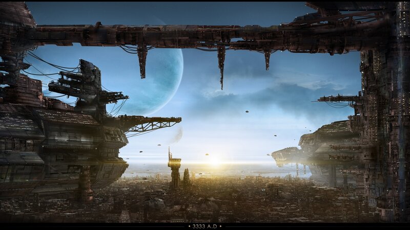 Futuristic Cityscape — Blue, Dramatic, Sunset, Digital Art, Space Station, Planet, Solar Flare