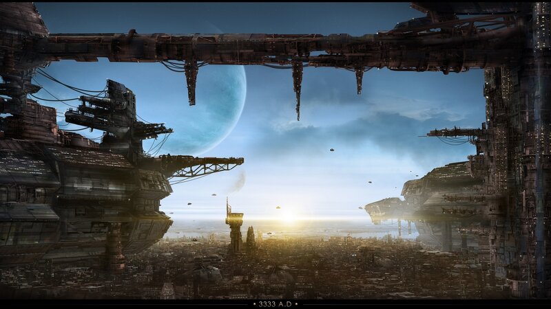 Futuristic Cityscape — Blue, Dramatic, Sunset, Digital Art, Space Station