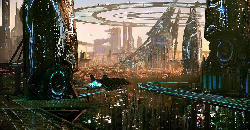 Futuristic Cityscape — Blue, Dramatic, Sunset, Digital Art, Spaceship